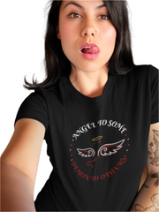 moon goon syndicate - angel to some demon to others model of a woman wearing the design