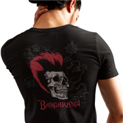 moon goon merch bangarang graphic on back of shirt. Male model holding the back of his neck