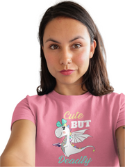 moon goon merch cute but deadly woman in pink shirt with graphic