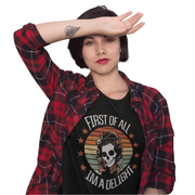 Moon Goon Syndicate Co. First of all i'm a delight female model 2 front graphic t shirt