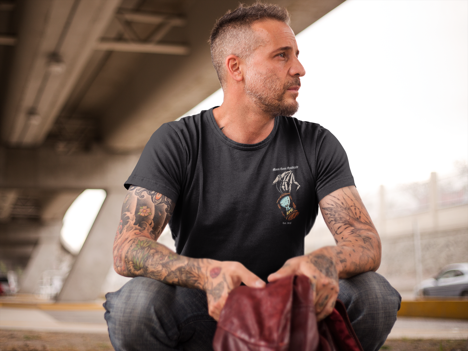 Moon Goon Syndicate Tempus Explevit - Time Is Up Graphic Design on front Graphic Design front of shirt male model