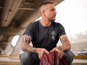 Moon Goon Syndicate Tempus Explevit - Time Is Up Graphic Design on front Graphic Design front of shirt male model